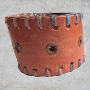 Handmade Brown Leather Bracelet with Tan Rivets Variegated Blue to Tan Stitching